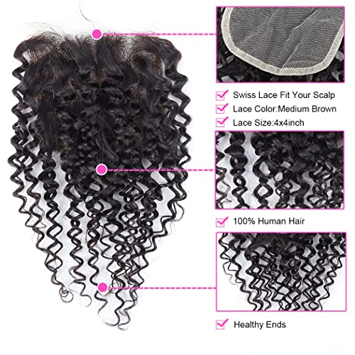 Iwig 8" Short Wavy Kinky Curly Human Hair Bundles with 4x4 Closure - Brazilian Virgin Human Hair Extensions, Natural Color, 6 Bundles + Closure