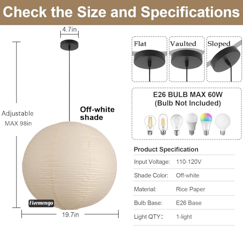 Fivemengo 20in Off-White Paper Pendant Light Kit with Cord & Canopy – Includes Bulb Base, 98in Cord