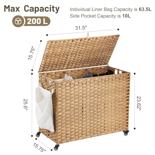 Laundry Hamper with Wheels 52.8 Gallon Natural Rattan Style with Lid & Removable Liners - 31.5 x 15.75 x 25.6 Inches