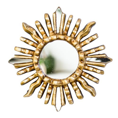 Handmade Small Round Wall Mirror with Bronze Leaf Finish - 6in Sun-Inspired Wood Mirror for Home Decor (Gold)
