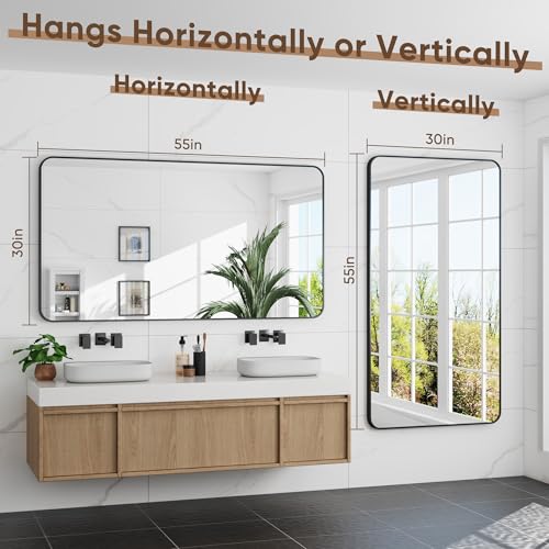 Large 55x30 Inch Rectangular Bathroom Mirror with Rounded Corners - Black Wall Mount