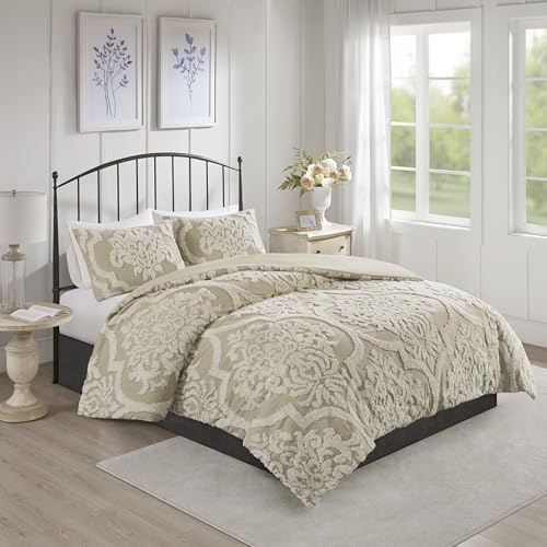 Madison Park Viola King Duvet Cover Set in Taupe - Tufted Cotton Damask Bedding