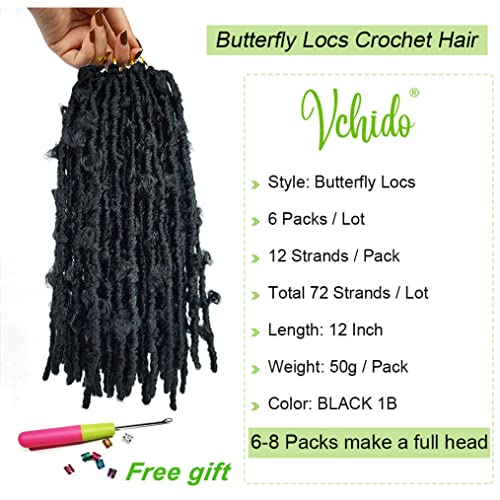 Butterfly Locs Crochet Hair 12 Inch 1B Black - 6 Packs Short Bob Style with Beads (Variation: 1B# / 12 Inch)