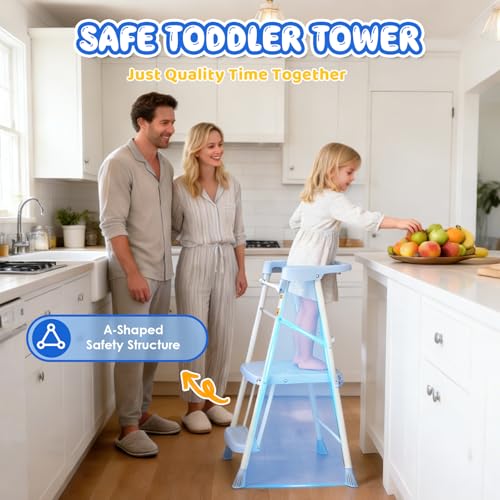 HBTower Foldable Kids Step Stool with Safety Railing - Blue, No Assembly, Toddler Tower for Independence