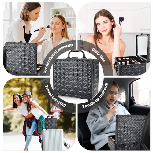 Makeup Case, Travel Train Case with Magnetic LED Mirror, Waterproof Cosmetic Organizer with Adjustable Divider, 3 Color Mode - Sparkling Black
