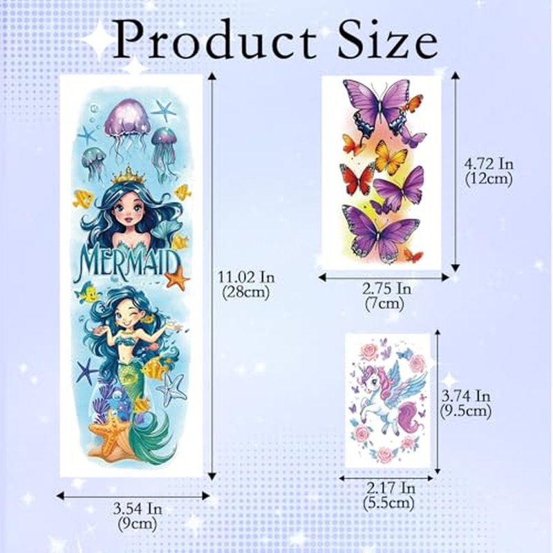 52pcs Temporary Tattoos for Kids, Full Arm Sleeve Tattoos with Mermaid Unicorn Truck Dinosaur Rocket Animals Plants Body Face Fake Arm Tattoos Stickers for Grils Boys Gift Party Supplies