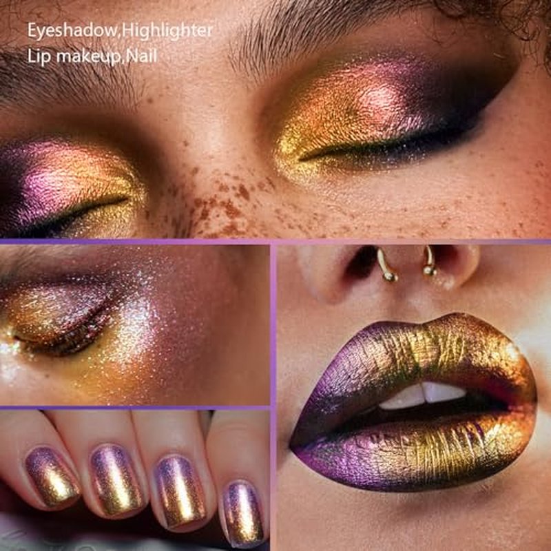 Duochrome Glitter Multichrome Metallic Eyeshadow - High Impact Multi-colors Shift Eye Looks in Pink Gold, Purple, and Green - Intense Color Shifting, High Pigmented, Longer-Lasting Without Creasing¡¦