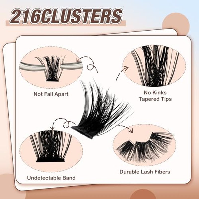 Lash Clusters Kit, DIY Cluster Eyelash Extensions 10?20mm, 80D+100D, 216pcs Fluffy D Curl Natural Lashes with Bond & Seal,Remover,Tweezers ? Fake Cat Eye Individual Clusters