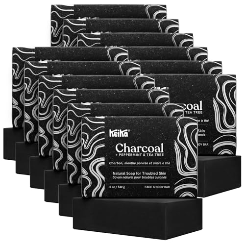 Keika Charcoal Black Soap Bar 12-Pack for Eczema, Psoriasis, Oily Skin - 5 oz Each