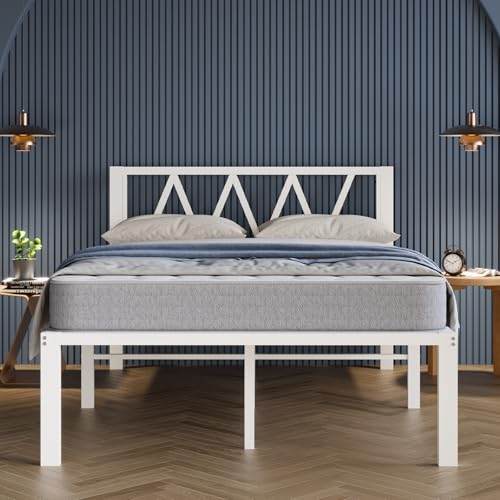 Full Size Bed Frame with Headboard - White Metal Platform, 18 Inch Height, Heavy Duty Slats, Easy Assembly, No Box Spring Needed - Variation of This Listing
