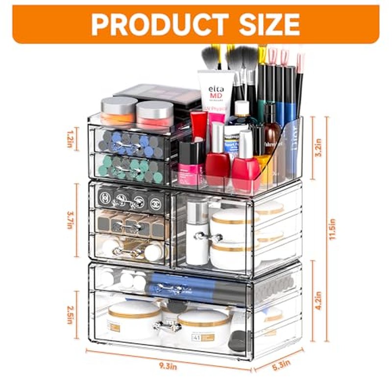 Acrylic Clear Makeup Organizer Countertop,Stackable Skincare Organizer for Vanity With 8 Drawers,Large Plastic Desk Accessories Organization,Bathroom Cosmetic Organizer Countertop for Beauty,Skin Care