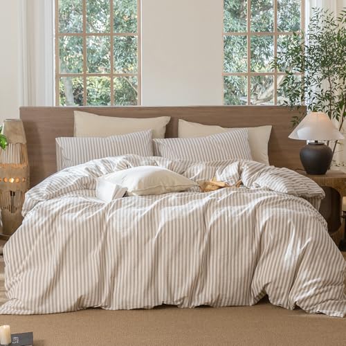 MooMee Classic Stripes Cal King Duvet Cover Set - Tannish Linen Grey White, 100% Washed Cotton