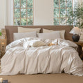 MooMee Classic Stripes Cal King Duvet Cover Set - Tannish Linen Grey White, 100% Washed Cotton