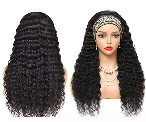 Natural Color 20 Inch Deep Wave Brazilian Human Hair Headband Wig for Black Women