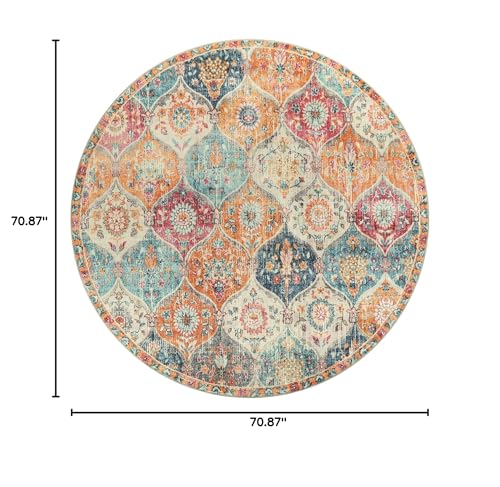 6ft Round Moroccan Washable Area Rug - Burnt Orange & Teal Multi - Soft Faux Wool, Low-Pile, Non-Slip Backing