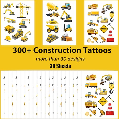 300PCS Construction Zone Party Favors Tattoos Temporary - Construction Birthday Party Supplies Decorations Goodie Bags Stuffers Tractor Truck Body Stickers