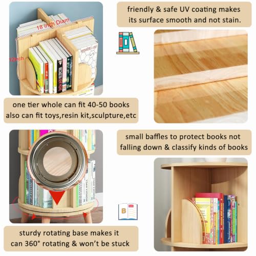3 Tier Rotating Bookshelf - Wooden Round Floor Standing Bookcase with Legs