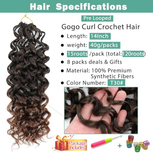 14 Inch T30# Pre Looped Curl Crochet Hair Extensions 8 Packs for Natural Waves