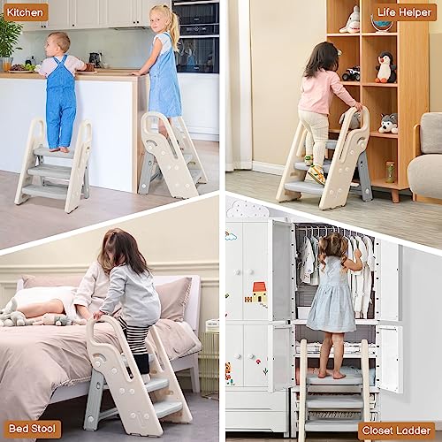 Gray Foldable 3-Step Stool for Kids Bathroom Sink & Kitchen Helper - Adjustable & Space-Saving