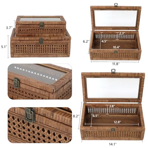 14.1 x 8.2 x 5.1 Inch Rattan and Cane Stacking Storage Boxes Set of 2 - Rustic Brown