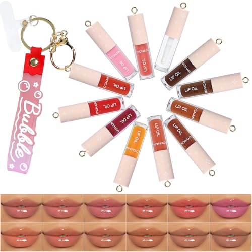O'CHAIN 12 Colors Lip Oil Set with Portable Keychain, High Shine & Moisturizing, Long Lasting Wear, Deep Hydrating Nourishing Lip Care and Repair Kit for Women and Girls