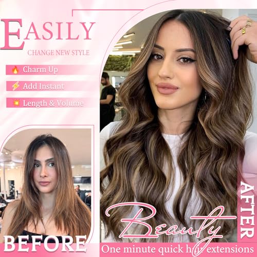 Clip in Hair Extensions 14 Inch Balayage Natural Black to Chestnut Brown - Seamless Human Hair