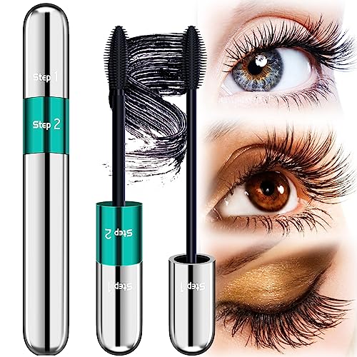 Mascara Black Length - Waterproof 2 in 1 4D Silk Fiber Mascara 5X Longer, Natural and False Effect Look in One Long Lasting Mas Cara Makeup for Women