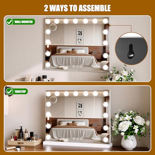 Vanity Mirror with Lights, 23"¡¿18" Large Hollywood Makeup Mirror with 15 Dimmable Bulbs, 3-Color Lighting, Dimmable, 10x Magnification, Desk Mirror, Bedroom (White)
