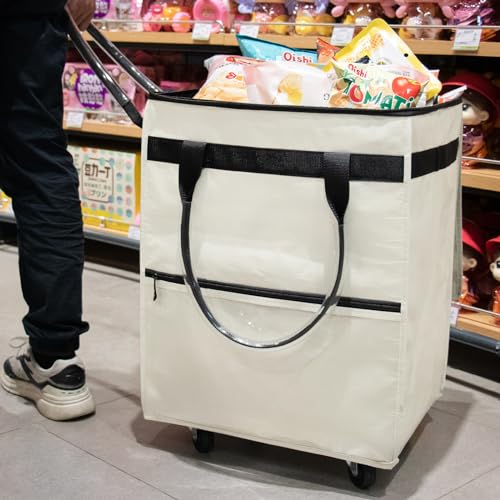 Beige Medium Reusable Grocery Bag on Wheels Folding Rolling Tote - Durable & Spacious