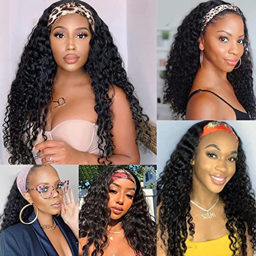 Natural Color 20 Inch Deep Wave Brazilian Human Hair Headband Wig for Black Women
