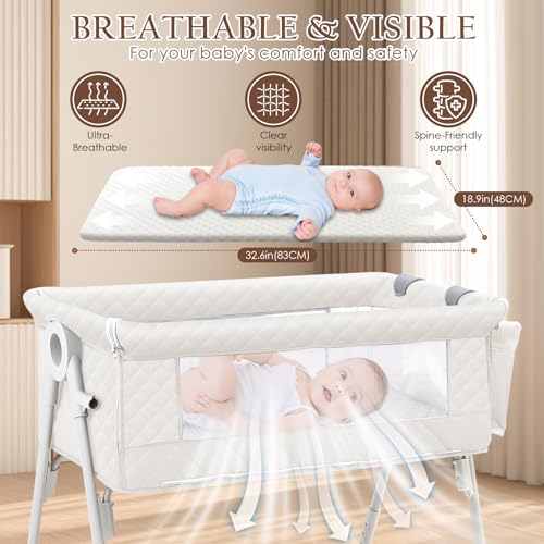 Baby Bassinet Bedside Crib with Storage & 4-in-1 Convertible Modes - White