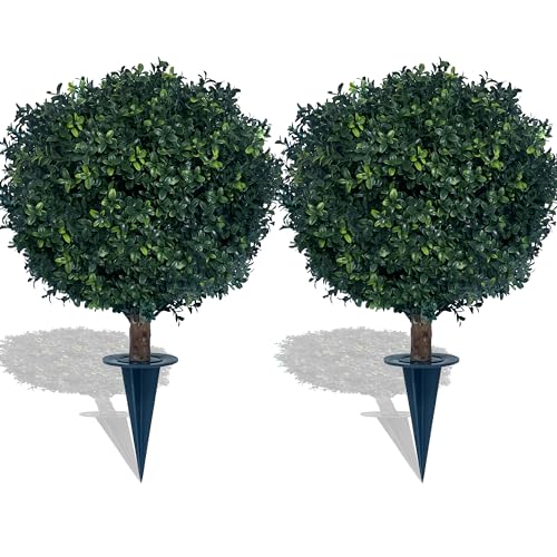 KYESYES 27" Artificial Boxwood Bush Balls with Spike - UV & Weather Resistant, 2 Pack, Green - Indoor/Outdoor Garden Decor