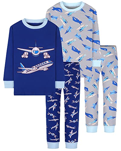 Children's Boys Pajama Set 4 Pieces Long Sleeve Cotton Sleepwear - Blue Grey Airplane Variation 2T
