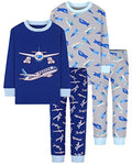 Children's Boys Pajama Set 4 Pieces Long Sleeve Cotton Sleepwear - Blue Grey Airplane Variation 2T