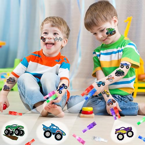 72 PCS Monster Truck Party Favors - 48 PCS Temporary Tattoos & 24 PCS LED Finger Lights Combo - Birthday Goodie Bag Fillers, Light Up Toys, Party Supplies for Kids