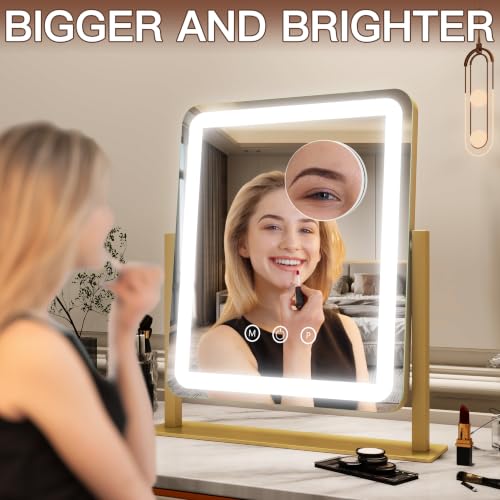 Lighted Vanity Mirror with Lights - 15x12.6 Inch LED Touch Screen, Dimmable & 3-Color Modes - Gold, Adjustable Brightness