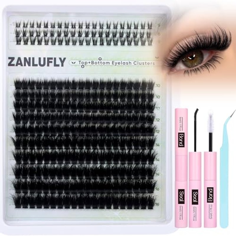 Lash Extension Kit Volume Lash Clusters Kit Wispy Cluster Eyelash Extensions Kit 10-16mm Eyelash Clusters with Bottom Lashes DIY Individual Lashes with Lash Glue and Tweezers by zanlufly