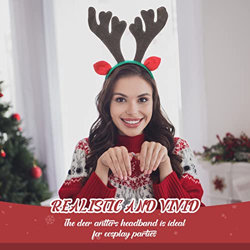 Christmas Reindeer Antlers Headband - Xmas Deer Horns with Ears, Red Brown, 13.39 x 11.81 Inches