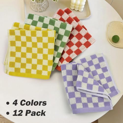 Checkered Washcloths 12 Pack - Ultra-Soft Cotton Bath Towels for Showering & Skincare (13"x13") - 4 Colors