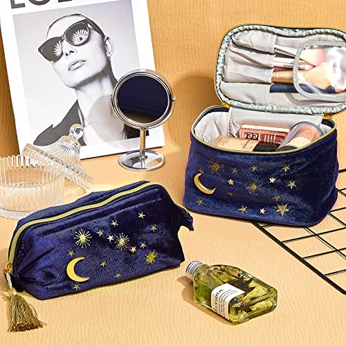 Patelai 2 Pcs Velvet Makeup Bag Moon Stars Cosmetic Bags Navy Blue Goth Embroidered Makeup Pouch Portable Travel Starry Pouch Toiletry Wash Bags Cute Storage Clutch Handbags for Women Gifts