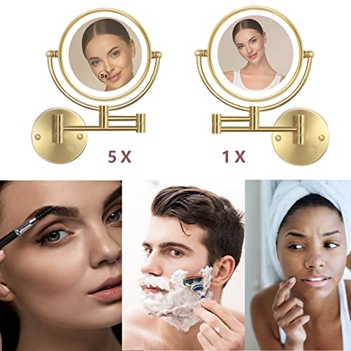 RECKODOR Brushed Gold Wall Mounted Lighted Makeup Mirror 5x Magnification