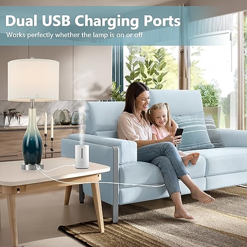 BesLowe 26’’ Tall Glass Table Lamps Set of 2 - Coastal White & Light Blue with USB & Nightlight