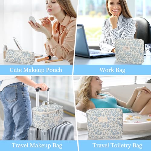 Gosect Bee Floral Quilted Makeup Bag Set, Large Travel Cosmetic Organizer