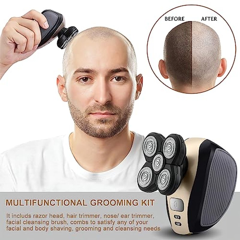 Bald Shavers for Men - Telfun Upgrade 5-in-1 Electric Head Shavers for Bald Men, 100% Waterproof Cordless Razor, Wet/Dry Shaving, 5 Dual Track Heads, Mess-Free Hair Capture