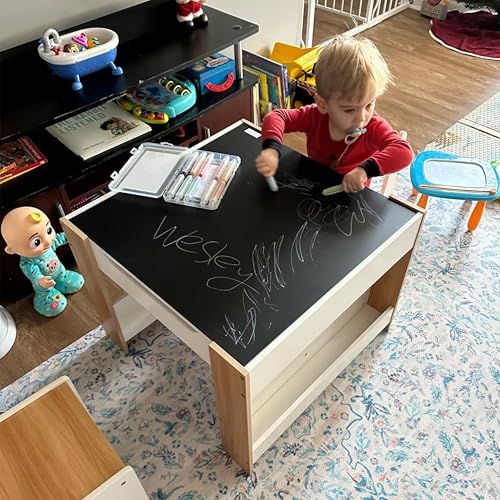 Kids Table and Chair Set - 4-in-1 Toddler Desk with Storage, White, 24.49 x 24.49 x 18.9 inches