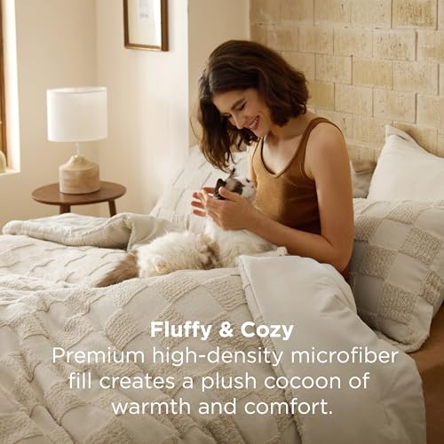 California King Comforter Set - Beige Plaid Boho Bedding with Tufted Checkboard Pattern, 3 Pieces