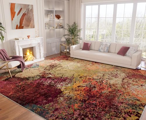 8x10 ft Modern Abstract Washable Area Rug - Non-Slip Backing, Short Pile, Red & Orange