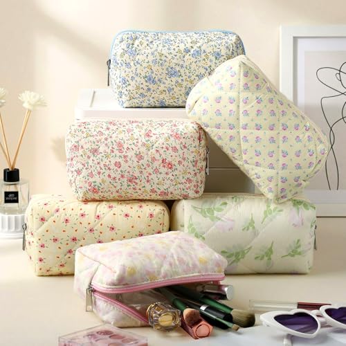 Paterr 6 Pcs Quilted Makeup Bag Bulk for Women Girls Birthday Valentine's Day Bridesmaid Gifts Cute Cotton Cosmetic Pouch Bow Floral Coquette Aesthetic Travel Toiletry Bag(Classic Style,Colorful)