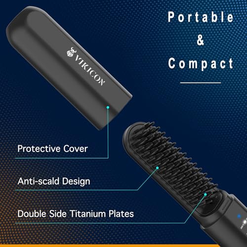 VIKICON Beard Straightener for Men - Black Cordless Heated Comb with 3 Temp Settings & Anti-Scald