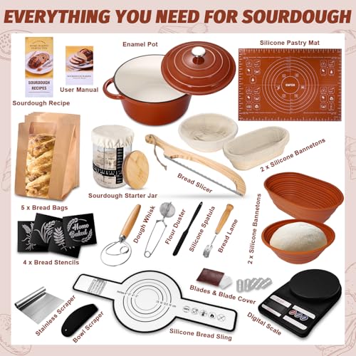 Sourdough Starter Kit with Enamel Pot - Complete Bread Baking Supplies, Proofing Baskets & Starter Jar - Variation of THIS listing